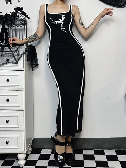 Sexy White Sleeveless Neck Bodycon Embroidery Gothic Tank High Waist Square Dress