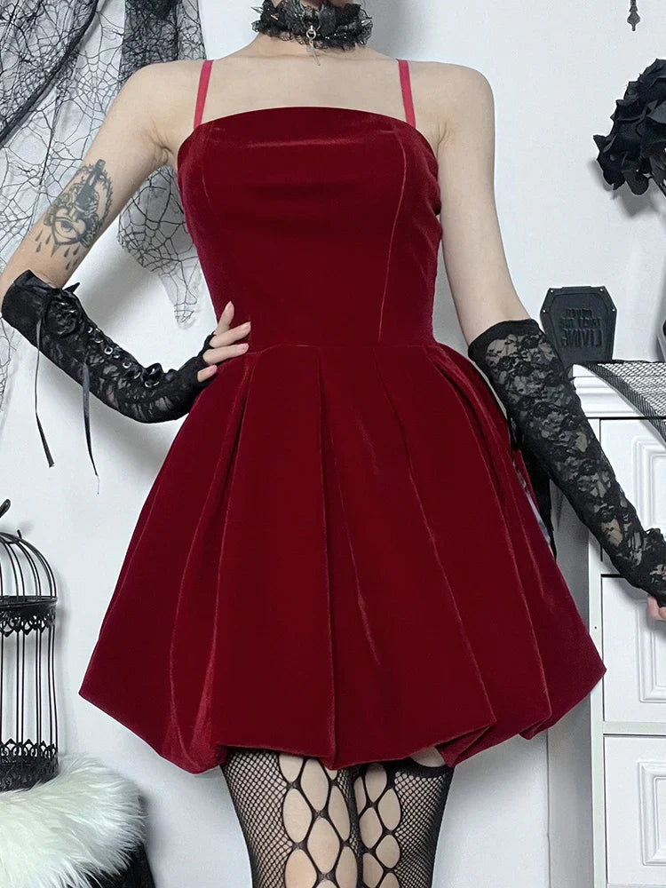 Dress Party High Velvet Shirring Year Solid Straps Elegant Mini Waist A-Line New Spaghetti