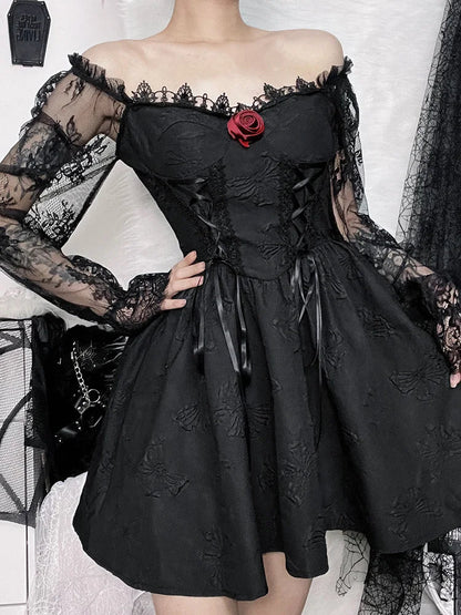 Harajuku Waist Vintage Sexy Party Dark High Dress A-Line Gothic Jacquard Lace Lolita Sleeve Grunge