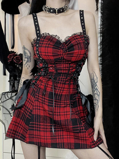 Lolita Pleated Y2K Mini Street Fairy Dress Lace-Up Grunge Plaid Red Tube Goth Eyelet Corset