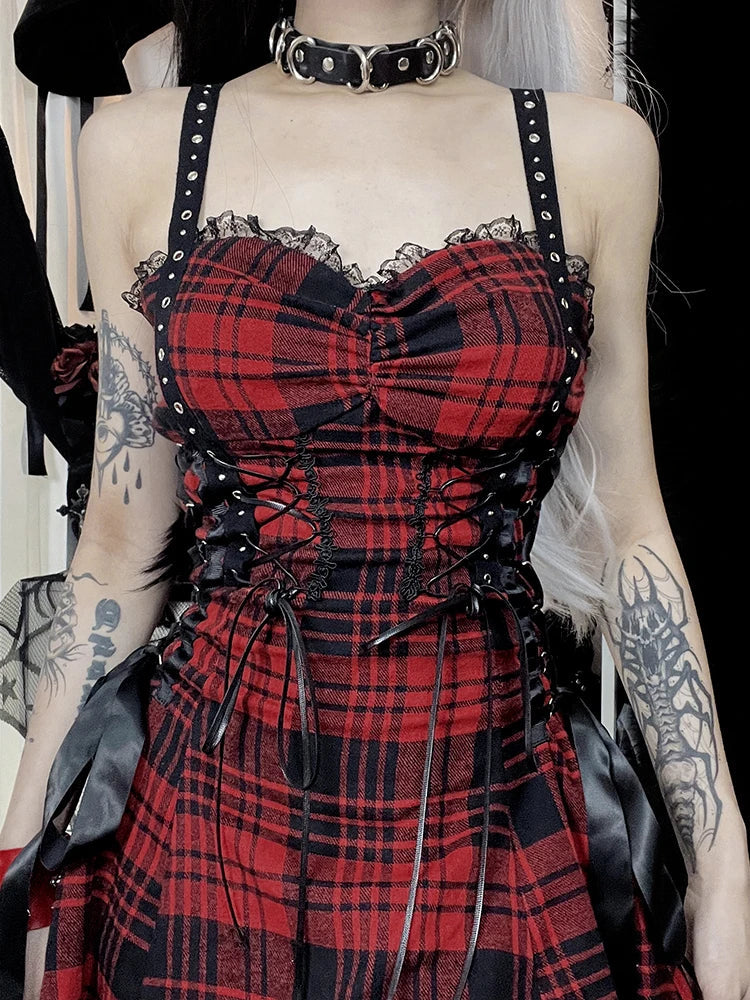 Lolita Pleated Y2K Mini Street Fairy Dress Lace-Up Grunge Plaid Red Tube Goth Eyelet Corset