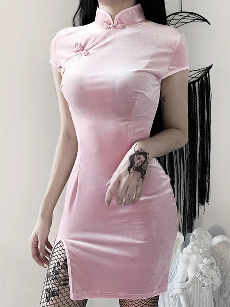 Black Elegant Bodycon Solid Velvet Retro Split Pink Red Cheongsam Mini Dress Gothic Button