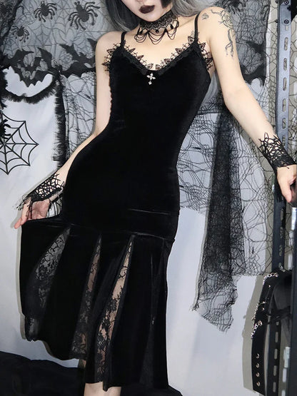 Gothic Velvet Backless Maxi Patchwork Lace Spaghetti Strap Sexy Cross Dress Black