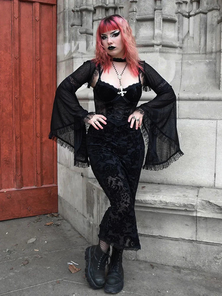 Harajuku Street Gothic Dress Print Sling Club Lace Midi Velvet Mesh Bandage Corset