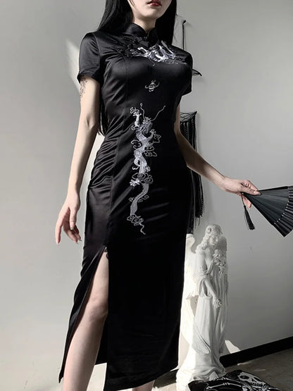 Women's Collar Side Retro Embroidery Cheongsam Dress Qipao Stand Slit Evening Dragon