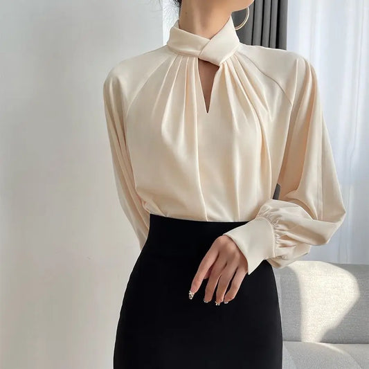 Irregular Ladies Solid Color Temperament Pleated Stand Collar Blouse