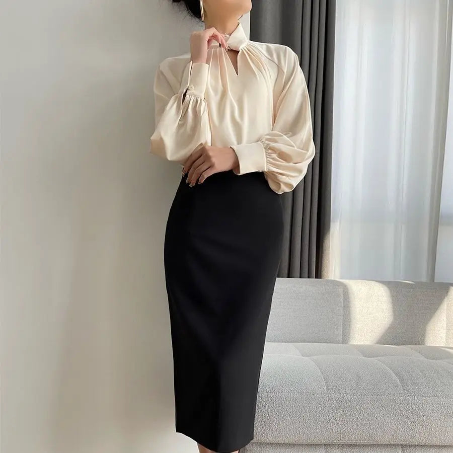 Irregular Ladies Solid Color Temperament Pleated Stand Collar Blouse