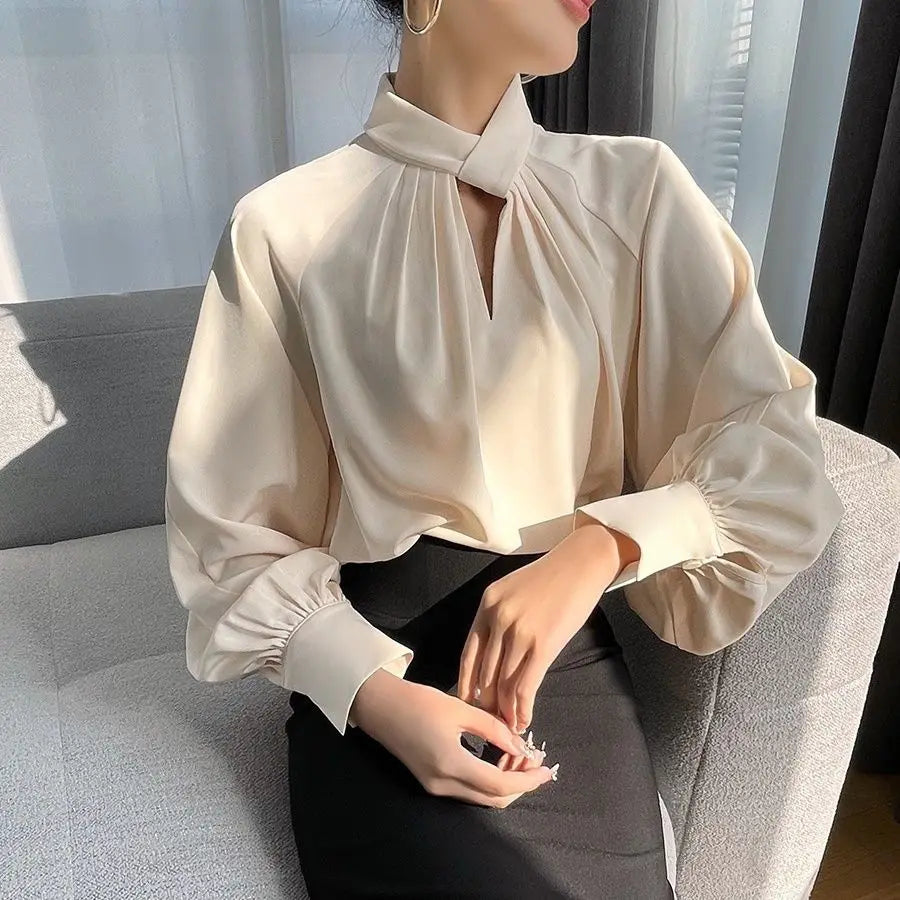 Irregular Ladies Solid Color Temperament Pleated Stand Collar Blouse