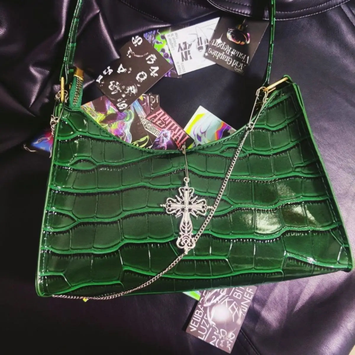 High Green Gothic Pattern Street Underarm Y2k Crocodile Cross Bag Chains Punk