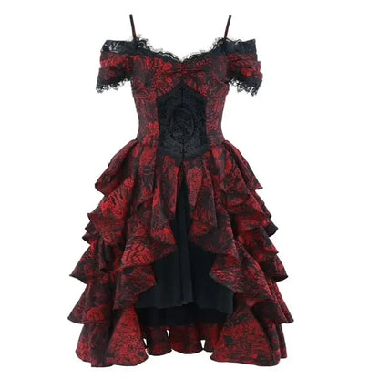 High-Waist Party Style Court Dark Gothic Off-Shoulder Wave Japanese Black Dress Lolita Red Autumn Halloween