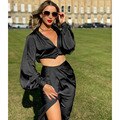 Amy Fashion - Satin High Split Puff Sleeve Women Two Piece Dress