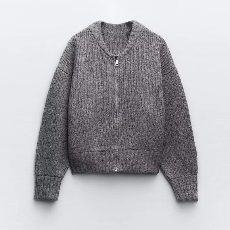 Knit Grey Zipper O-neck Long Sleeve Autumn Winter High Street Sweater