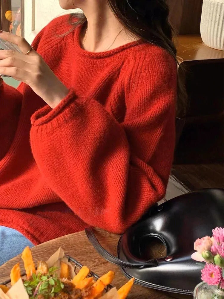 Korean Knitted Pullover Women O-neck Jumper Long Sleeve Autumn Winter Cozy Loose Stylish Chic Sweater