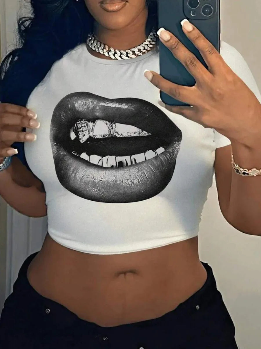 Lip Print Cartoon Casual Y2k Cropped Summer Short Sleeve Crop Top