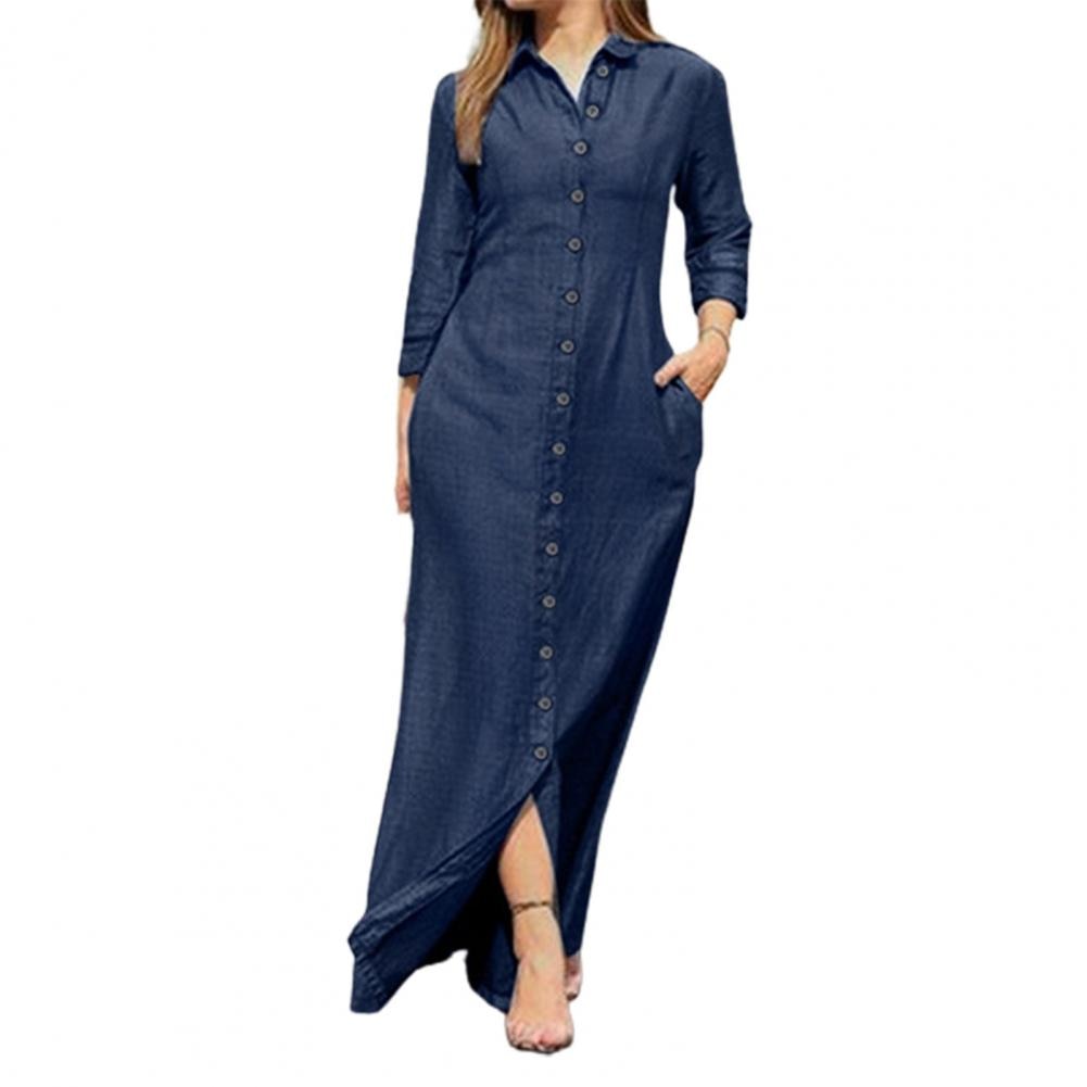 Amy Fashion - New Shirt Collar Button Long Denim Skirt Dress