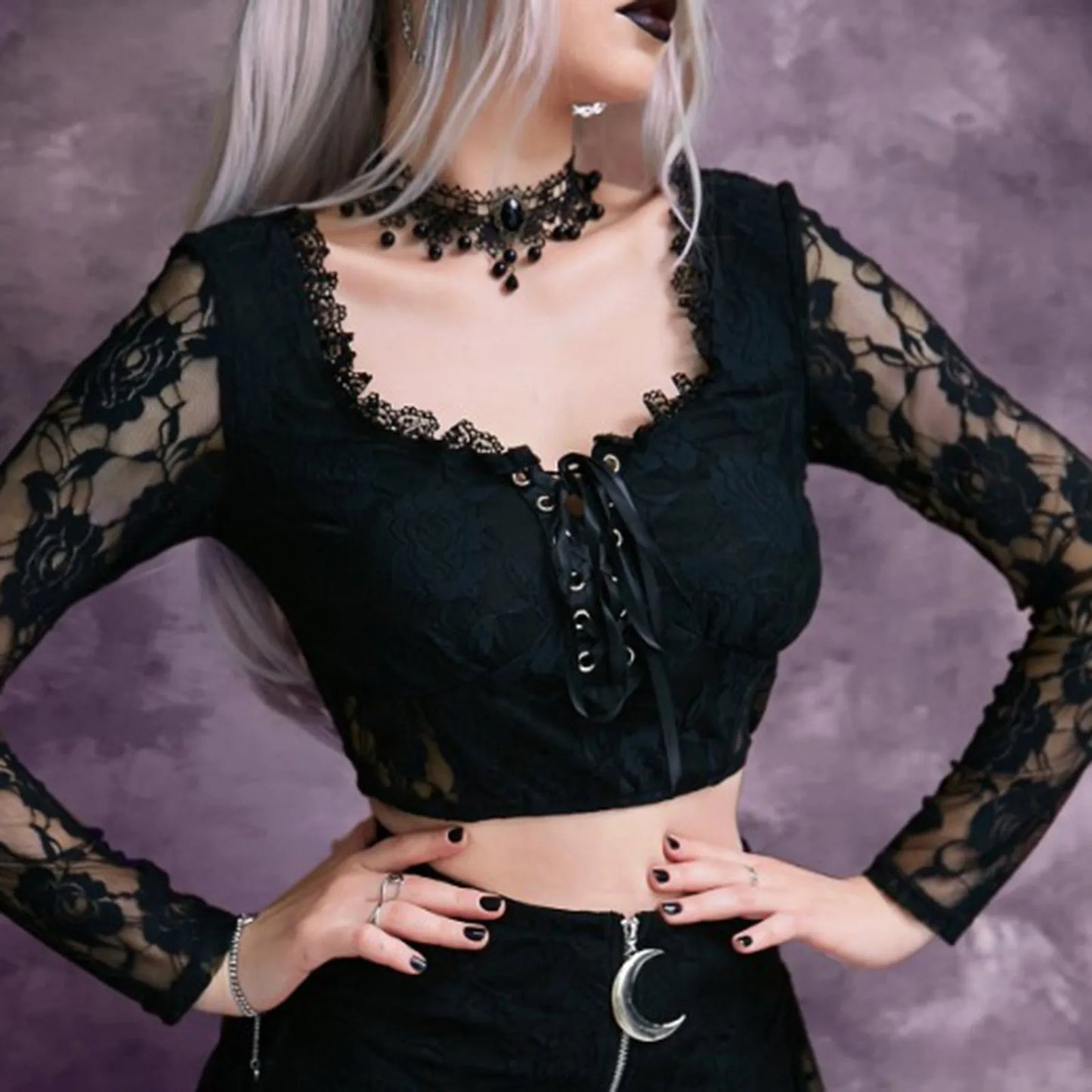 Sexy Lace Cropped Gothic Elegant Hollow Sleeve Retro Crop Top