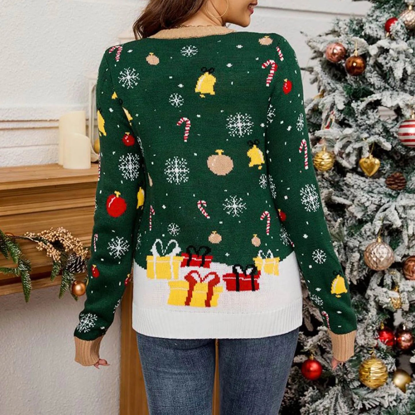 Autumn Winter Santa Jacquard Round Neck Retro Casual Christmas Sweater with LED Light