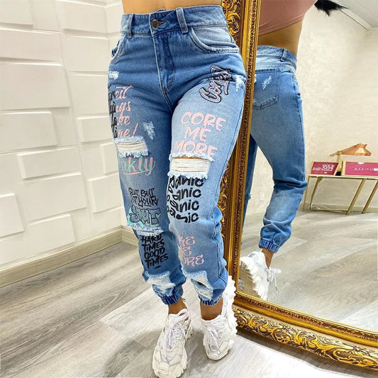 Amy Fashion - Letter Print Ripped New Casual Denim Jean