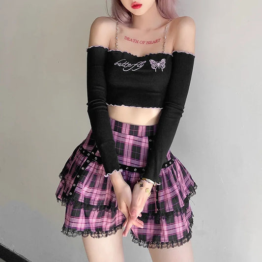 Plaid Skirt Pleated Japanese Cake Lolita Purple Pink Gothic Harajuku