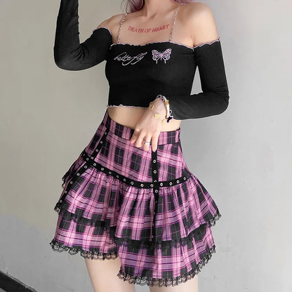 Plaid Skirt Pleated Japanese Cake Lolita Purple Pink Gothic Harajuku