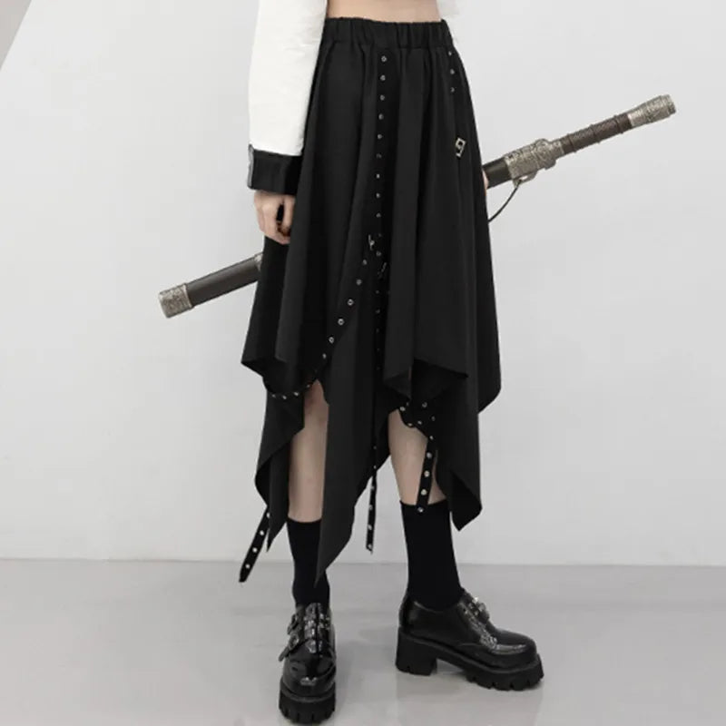 Skirt Long Irregular Y2k Wind Tie Weave Buckle Street Dark