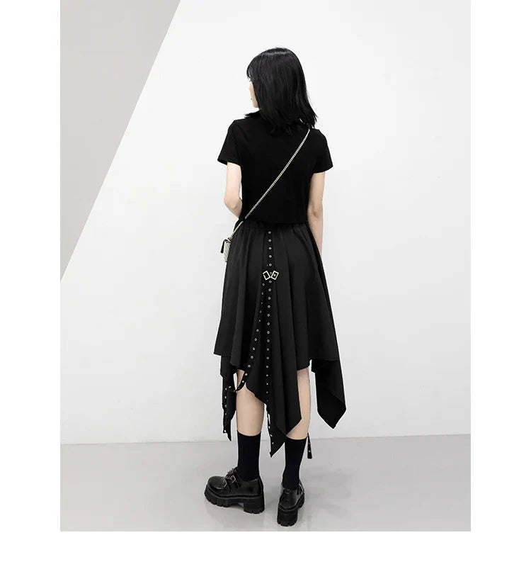 Skirt Long Irregular Y2k Wind Tie Weave Buckle Street Dark