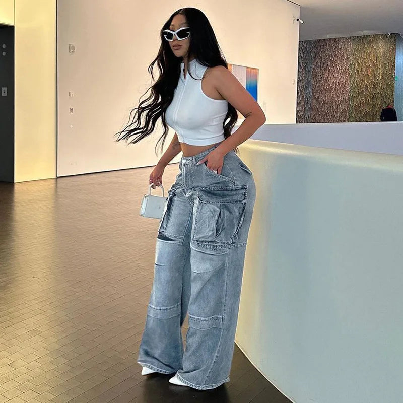 Amy Fashion - Loose Streetwear Summer Outfits 2024 Blue High Waist Casual Fashion Y2K Straight Cargo Denim Jean