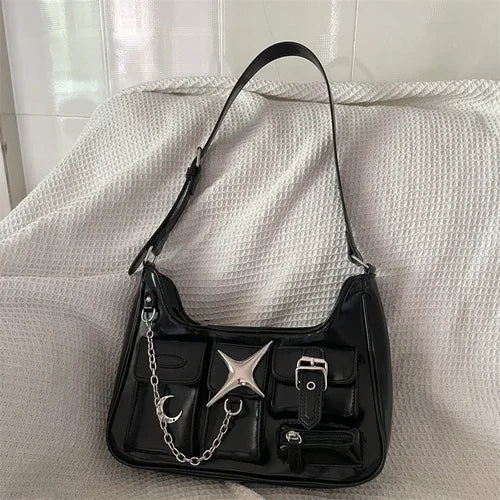 Shoulder Motorcycle Black Fashion Bag Casual Chains Y2K Gothic Harajuku