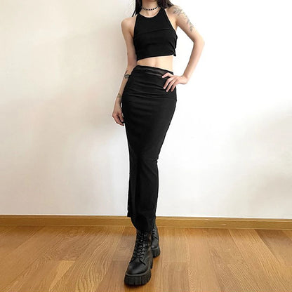 Y2K Black Long Harajuku Sexy Mesh Patchwork Wrap Summer Gothic Korean High Waist Slim A-Line Skirt