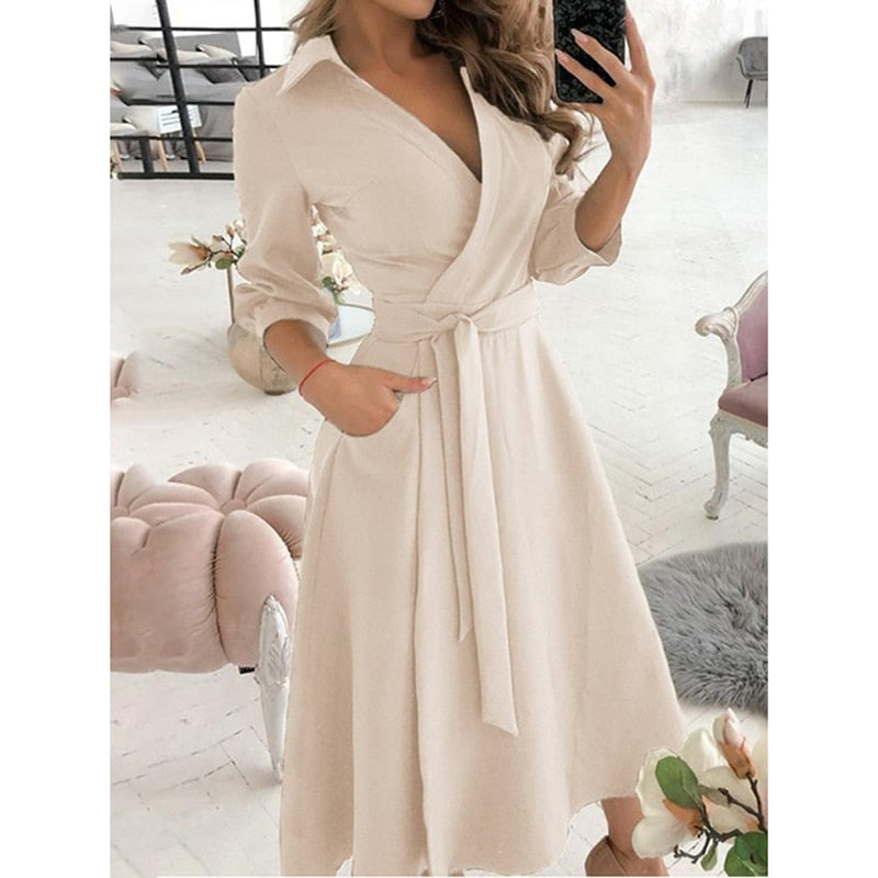 Amy Fashion - Long Sleeve V-neck Belt Pockets Casual Dress