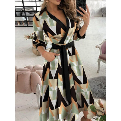 Amy Fashion - Long Sleeve V-neck Belt Pockets Casual Dress