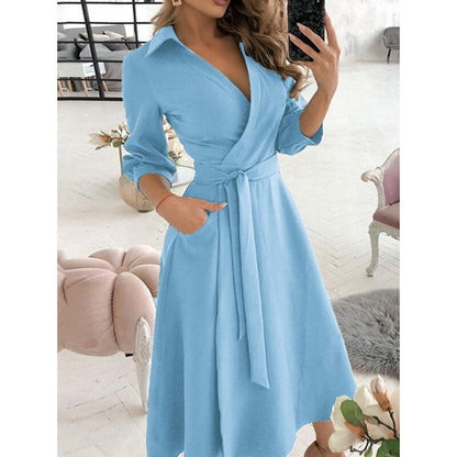 Amy Fashion - Long Sleeve V-neck Belt Pockets Casual Dress