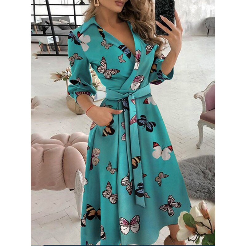 Amy Fashion - Long Sleeve V-neck Belt Pockets Casual Dress