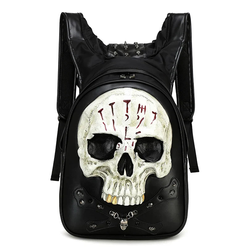 Rivets Backpack 3D Punk Rock Skull Laptop Bag Gothic Travel Embossed Leather