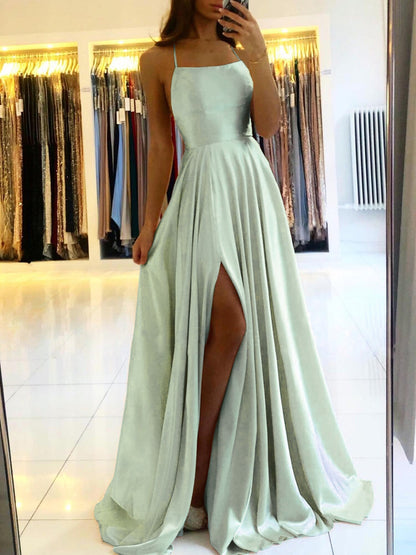 Amy Fashion - A-line Long Satin Spaghetti Straps Sexy Slit Wedding Dress