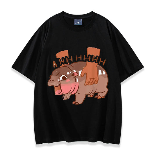 Vintage Casual Bouncy Pig Cute Baby Hippo Short Sleeve Gift Men Women Fans Tee Shirt Moo Deng