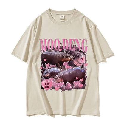 Retro Aesthetic Funny Meme Hippo Oversized Cotton Men Women Harajuku Fashion T-Shirt Moo Deng