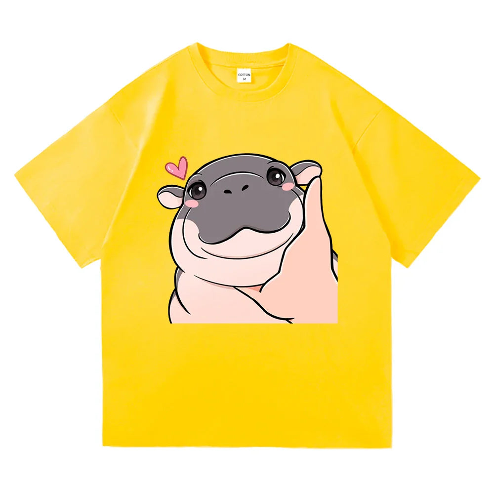 Harajuku Aesthetic Classic Cartoon Cute Hippo High Quality Cotton Unisex Men T-Shirt Moo Deng