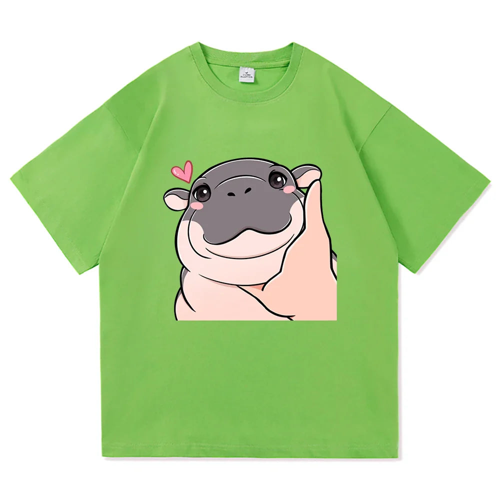 Harajuku Aesthetic Classic Cartoon Cute Hippo High Quality Cotton Unisex Men T-Shirt Moo Deng