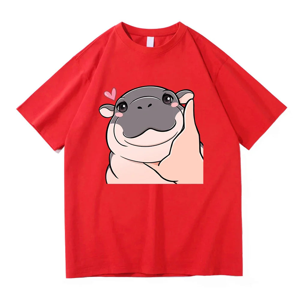 Harajuku Aesthetic Classic Cartoon Cute Hippo High Quality Cotton Unisex Men T-Shirt Moo Deng