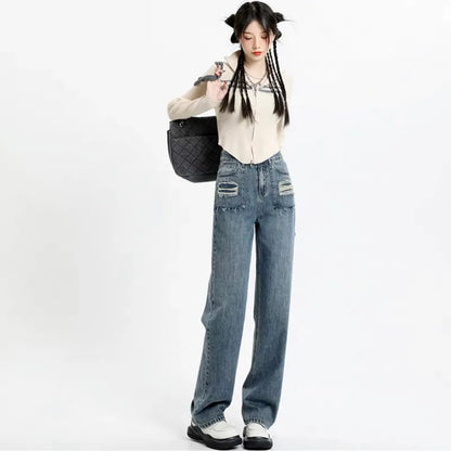 Amy Fashion - Summer New Design Sense High Waist Loose Fitting Slim Straight Pants Narrow Edition Wide Leg Jean