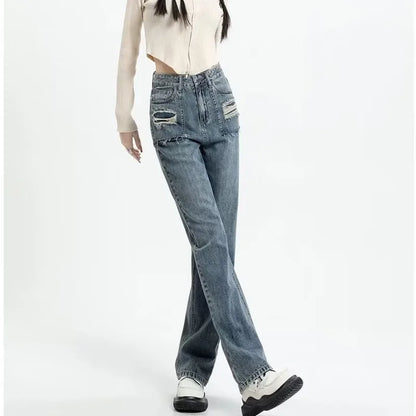 Amy Fashion - Summer New Design Sense High Waist Loose Fitting Slim Straight Pants Narrow Edition Wide Leg Jean