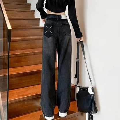 Amy Fashion - Natural Waist New Button Minimalist Trendy Summer Ins Wash Long Harajuku Wide Leg Black Jean