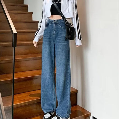 Amy Fashion - Natural Waist New Button Minimalist Trendy Summer Ins Wash Long Harajuku Wide Leg Black Jean