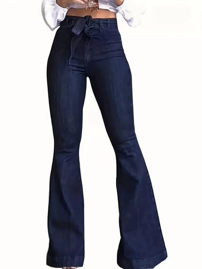 Amy Fashion - Navy Blue Flared Autumn High-Stretch With Waistband Bell Bottom Wide Legs Denim Jean