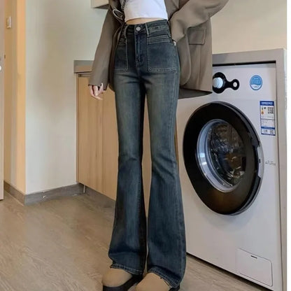 Amy Fashion - New Design Sense High Waist Micro Flared Plush Slim Long High Wide Leg Jean