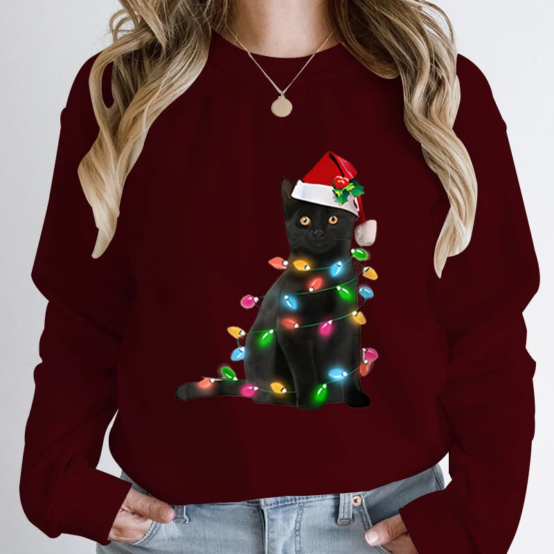 Black Cat Christmas Light Print Hoodie