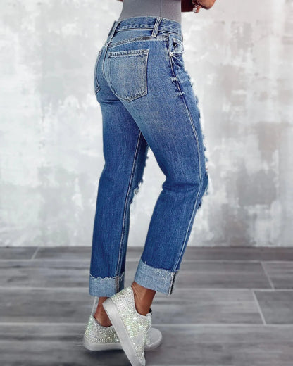 Amy Fashion - Ripped New High Straight Streetwear Hole Wash Cotton Ladies Denim Jean