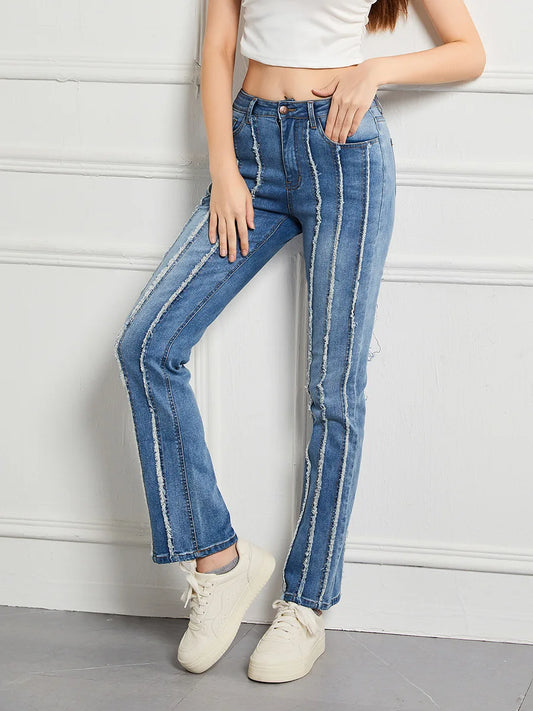 Amy Fashion - Stretch Flare Fashion Slim Splice Bottom Streetwear Denim Jean