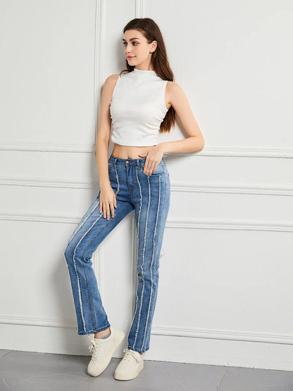 Amy Fashion - Stretch Flare Fashion Slim Splice Bottom Streetwear Denim Jean